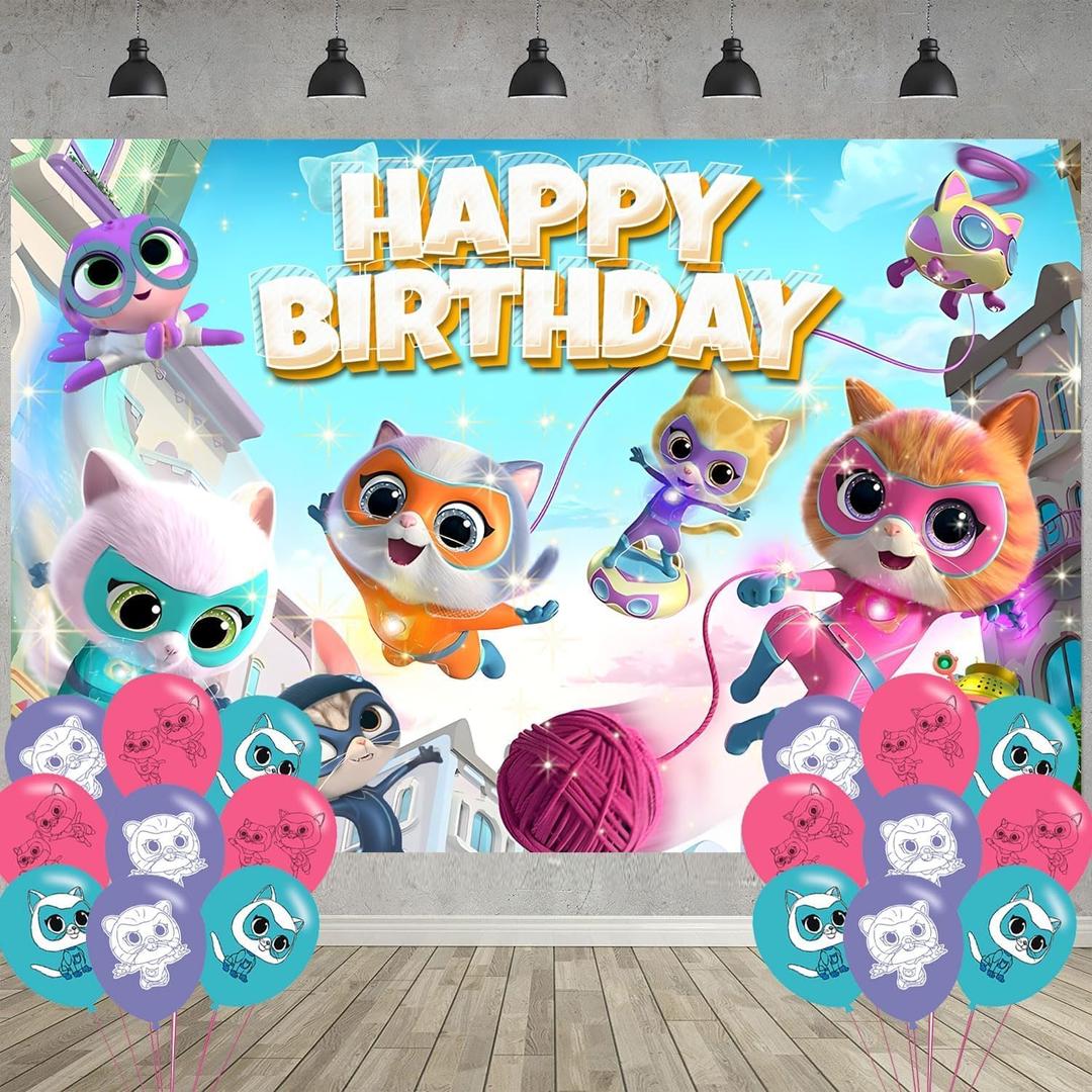Super Cat Birthday Party Decoration,Kitties Party Photo Background 5 x 3 FT and 18 Pcs Balloon,Cat Merch Party Backdrop Supplies