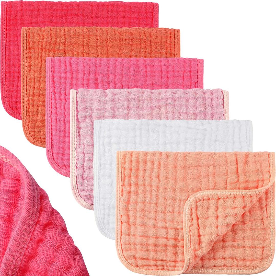 Hicarer 6 Pcs Girl Muslin Burp Cloths Cotton Burping Spit Rags Large 20 x 10 Inch 6 Layers Newborn Soft Absorbent Multicolor Wash Cloths Diapers for Baby Shower(Pink Series)