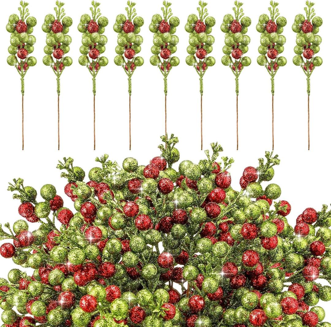 48 Pcs Christmas Glitter Berry Stem 8 Inch Red Green Artificial Holly Berry Pick and Spray Christmas Tree Filler Branche Ornament for Xmas Wreath Craft Vase Filler Decor