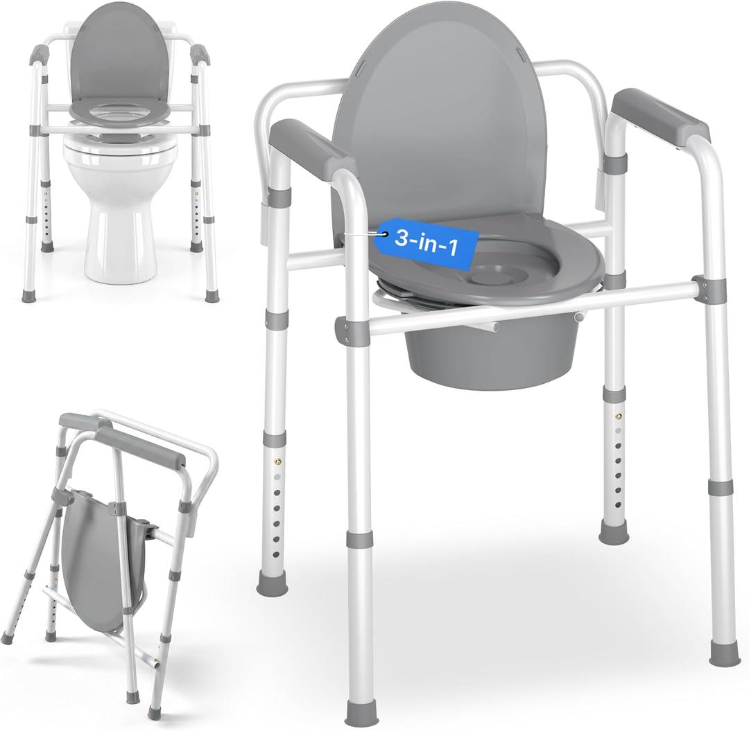 3-in-1 Bedside Commode Chair 350 lbs Weight Capacity Folding Frame,Gray