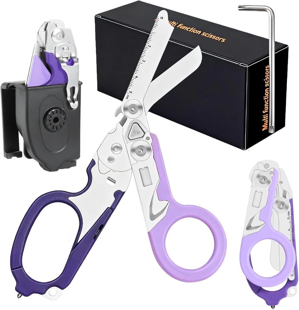 6-in-1 Multi-Tool Trauma Shears, Foldable Stainless Steel EMT Scissors with Holster for Emergency, Outdoor & Camping Rescue (Purple)
