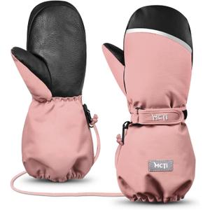 MCTi Kids Mittens Waterproof Winter Ski Warm Sherpa Lined Long Cuff with String (3X-Small, Cloud Pink)