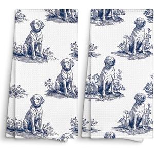 Sviojuce Chinoiserie Labrador Retriever Kitchen Towels Decorative 16x24 Set of 2, Blue and White Dog Dish Towels Cloths Dishcloths Tea Towel Gifts, Grandmillennial Bathroom Kitchen Hand Towel Decor
