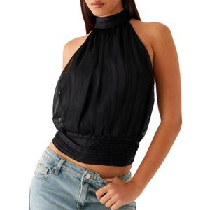 Women Y2k Halter High Neck Top Sexy Open Back Sleeveless Ruched Cinched Waist Cropped Shirt Retro Going Out Camisole (Black, L)
