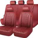 CAR PASS Piping Luxury Faux Leather Seat Covers Full Set, Premium Delux Anti-Slip Waterproof Automotive Seat Cover Universal Fit for Sedans Suvs Vans Trucks, Armrest & Airbag Compatible, Burgundy Red