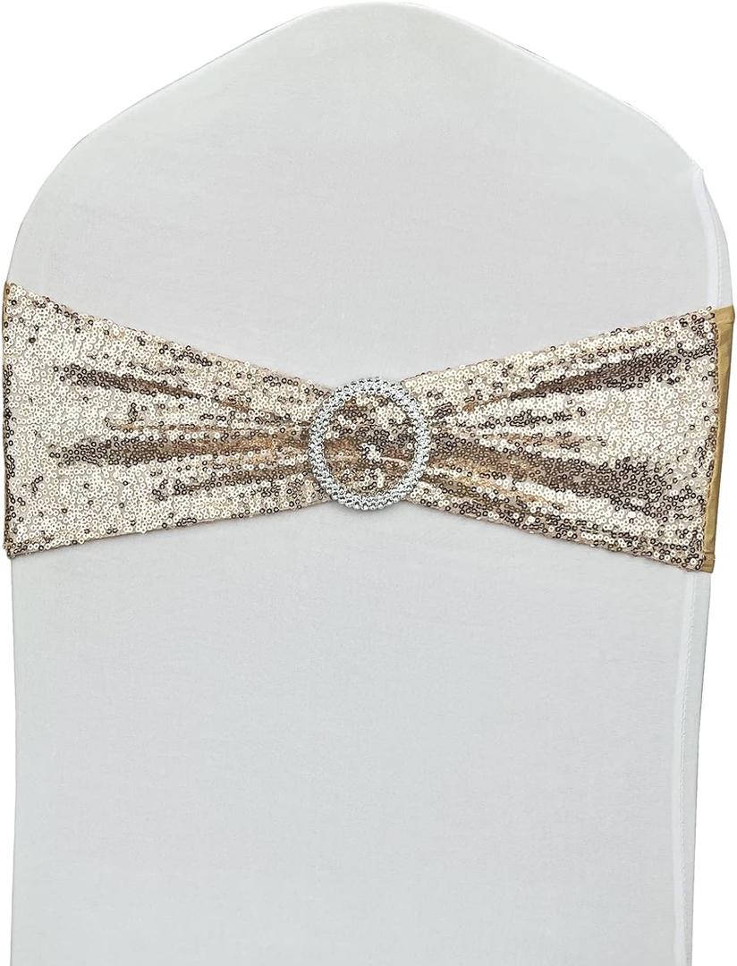 100 Pcs Chair Sashes Sequin Stretch Chair Bands Spandex Polyester Bows for Party Hotel Wedding Banquets Decoration - Champagne