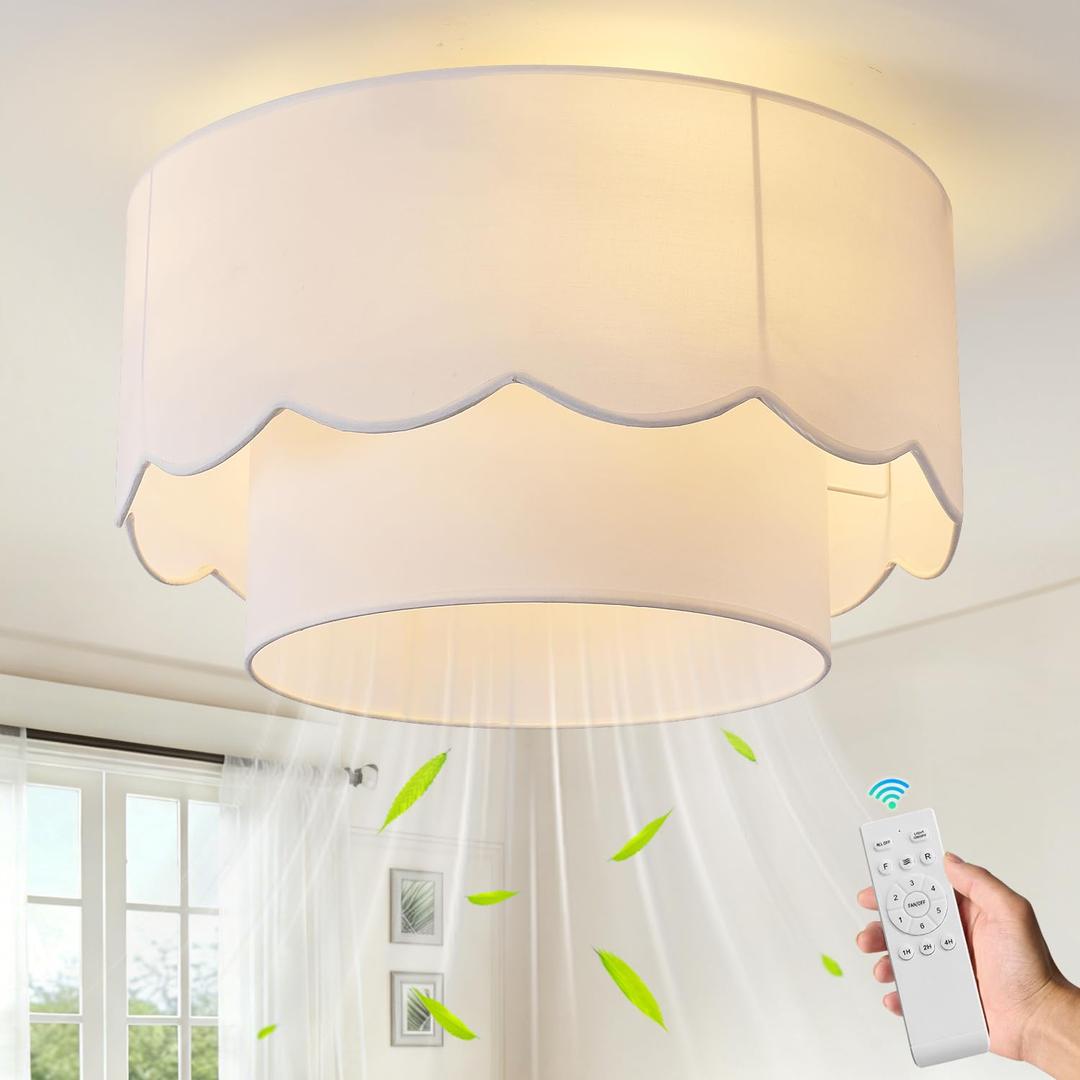 Boho Caged Ceiling Fan with Light, 20" Flush Mount Boho Ceiling Fans with Lights Remote Control, Low Profile Drum Fabric with 6 Speeds for Bedroom,Nursery,Living Room