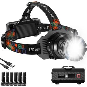 Rechargeable Headlamp Super Bright, High Lumens Head Lamp with 9 Modes, Zoomable Headlamp for Adults 90 Adjustable, IPX7 Waterproof High Power Head Light for Fishing Camping (1 Pack, Black)
