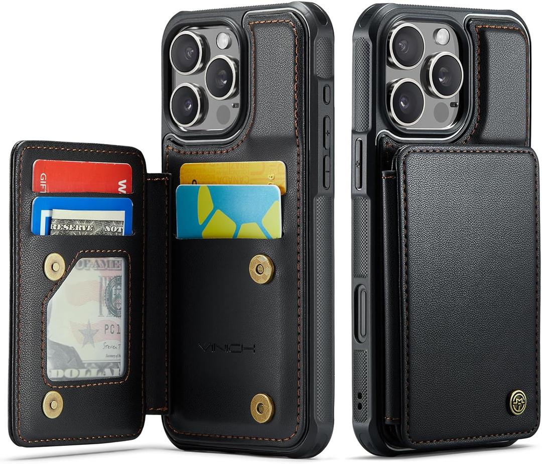 Vinich for iPhone 16 Pro 6.3" Wallet Case with Card Holder, RFID Blocking Credit Slots Kickstand Shockproof Phone Cover for Women Men, Black