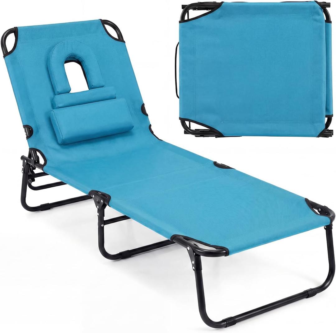 GYMAX Tanning Chair, Folding Lounge Chairs with Face Hole & Cover, Removable Pillow Carry Handle, Portable Compact Outdoor Layout Recliner for Beach, Poolside, Lawn, Patio, Camping (Turquoise,1)
