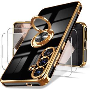 Dretal for Samsung Galaxy S25 FE 5G Case, Screen Protector, 360° Rotatable Ring Holder Magnetic Kickstand, Plated Gold Edge Slim Soft TPU Protective Phone Case Cover for Galaxy S25 FE (Black)