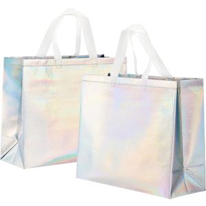 METAPRINT Large Reusable Gift Bags with Handles, 15 PCS Iridescent Party Favor Bags, 13x5x11 Inch Holographic Gift Bag Bulk for Birthday, Wedding, Goodie (Silver)