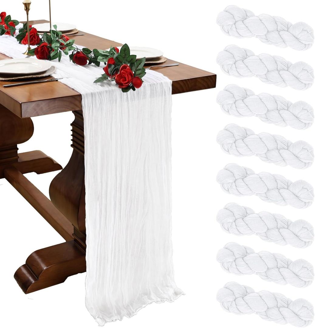 8 Pack White Cheesecloth Table Runner 10ft Boho Gauze Fabric 120 Inch Cheese Cloth Table Runner Rustic Sheer for Holiday Baby Shower Party Dcor Home Wedding Decoration