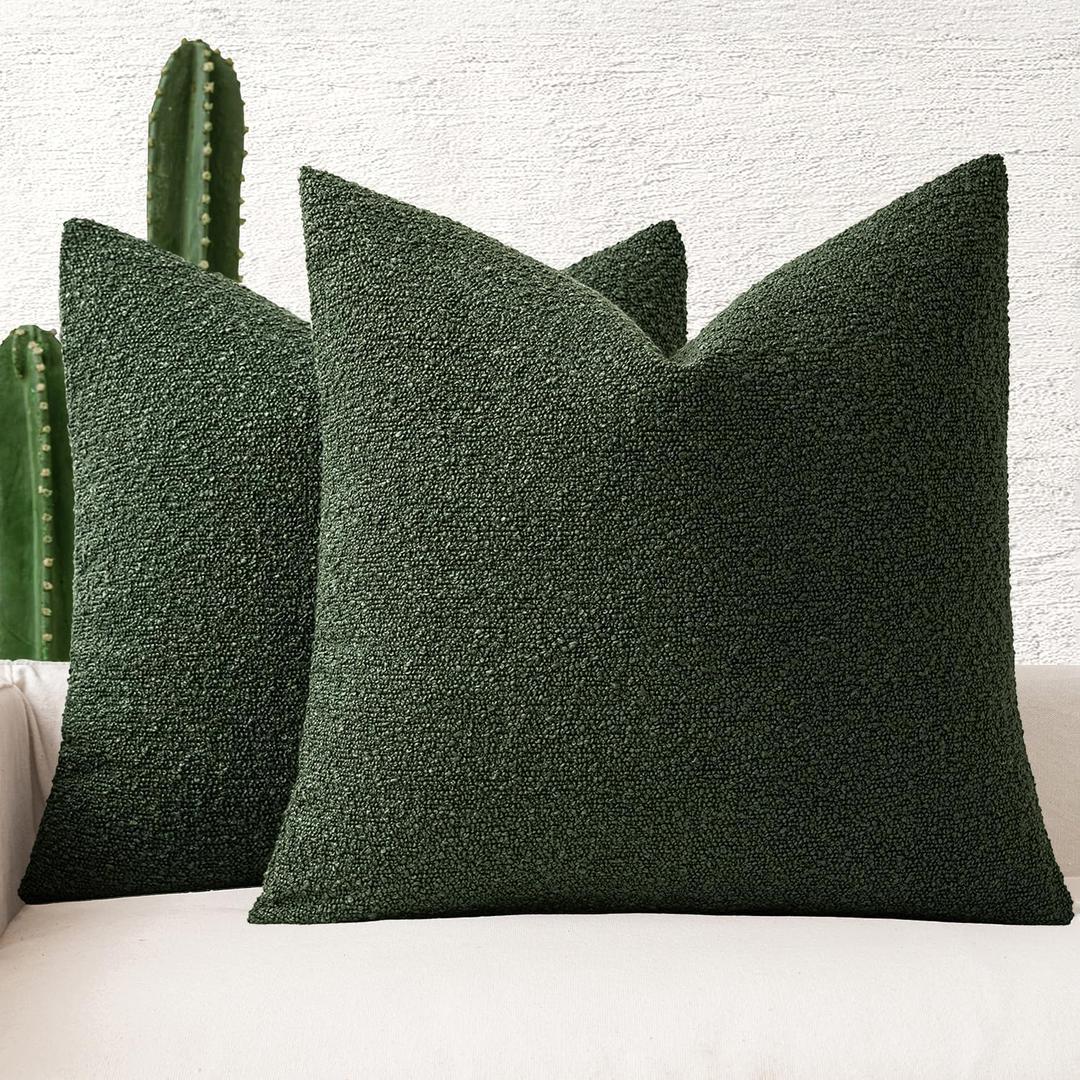 MIULEE 18x18 Inch Decorative Pillow Covers for Couch Bed Set of 2 Textured Boucle Neutral Throw Pillows Dark Green Accent Solid Cushion Pillowcase Cozy Soft Chair Sofa Livingroom Home Decor
