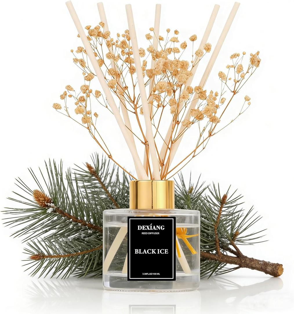 Reed Diffuser Set - 3.38 fl oz Black ice Premium Scented Oil with Preserved Baby's Breath & Cotton 6 Sticks | Long-Lasting Aromatherapy for Home, Bedroom, Bathroom, Office Home Decor