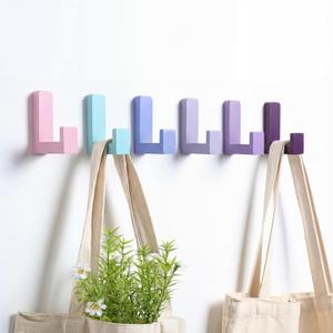Teenyyou 6 Pack Cute Kids Coat Wall Hooks Wooden Adhesive Decorative Colorful Wall Mounted Hangers Backpack Hooks for Hanging Keys Towel Clothes Bathroom Organization (Purple)