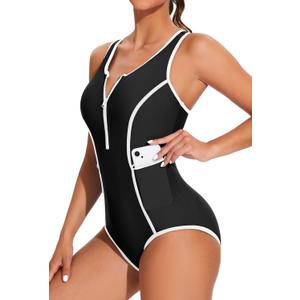 beautyin Women Zipper One Piece Swimsuit Athletic Racerback Bathing Suit with Pockets (Medium, Black)