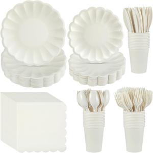 350 Pcs Cream White Scalloped Paper Plates Shell Edge Disposable Tableware Cocktail Napkins Cups Plastic Spoons Forks Knives for Wedding Baby Shower Picnic Birthday Party Supply for 50 Guests
