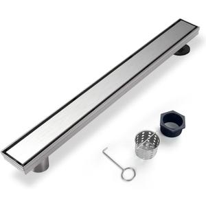Offset Linear Shower Drain, Shower Drain 24 inch with 2-in-1 Tile Insert Cover, Brushed AISI 304 Stainless Steel Side Outlet Shower Floor Drain with Hair Catcher and Adjustable Feet