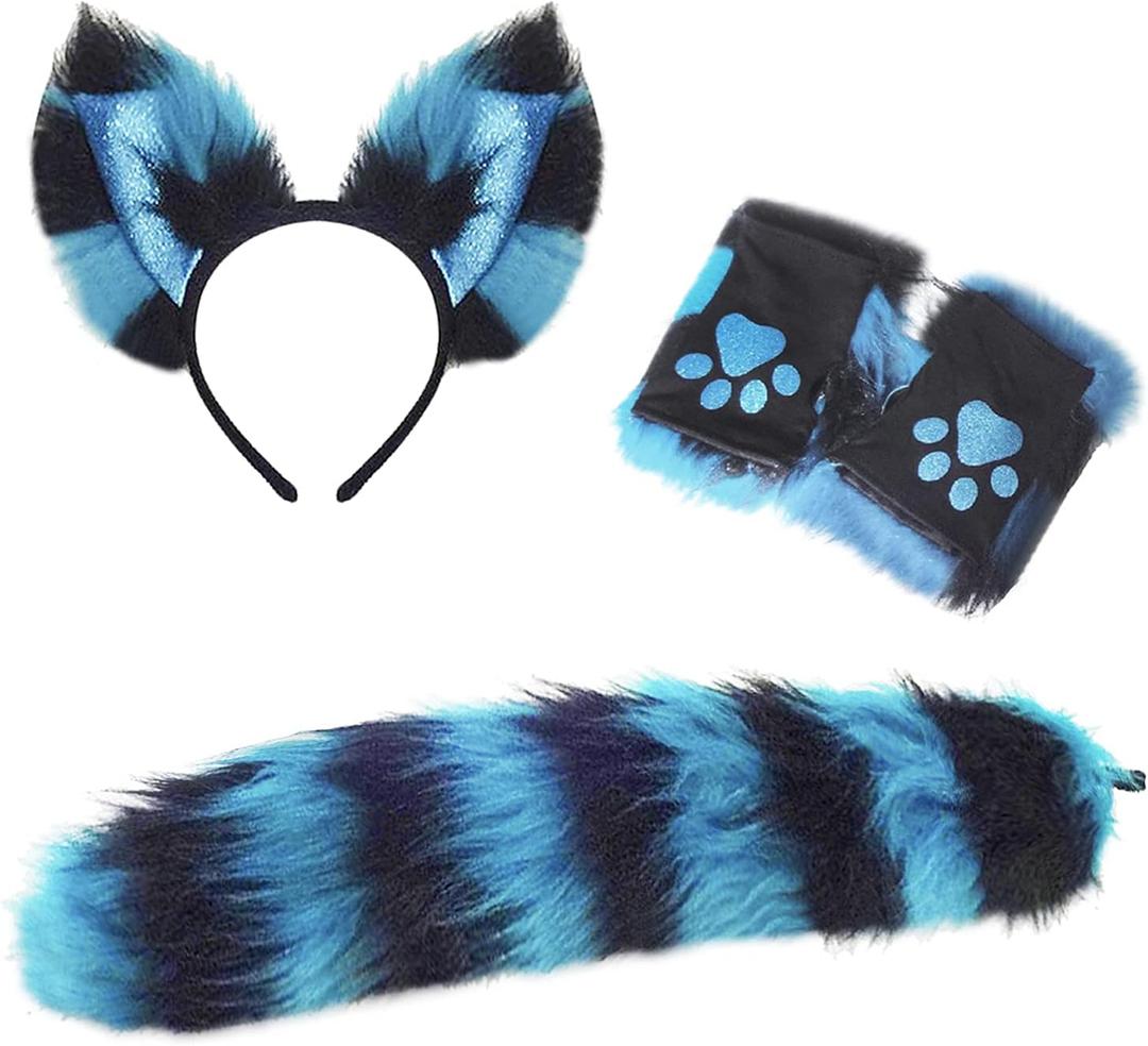 Cat Wolf Fox Tail Faux Fur Ear Headband Paw Gloves Set for Adult Children Halloween Xmas Fancy Party Cosplay Costume for Kids (Blue-black)