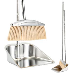 VOOWO Broom with Dustpan Combo Set, 46" Stainless Steel Broom and Dustpan Set for Home, Heavy Duty Dust Pan with Long Handle, Broom for Sweeping Indoor and Outdoor, Kitchen Broom and Dust Pan (Khaki)
