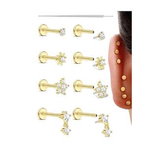 Sanfenly Threadless Flat Back Earrings Studs 316L Surgical Steel Push in Nose Studs Rings CZ Tragus Cartilage Helix Conch Labret Lip Nostril Medusa Piercing Jewelry Hypoallergenic 20G 18G 16G