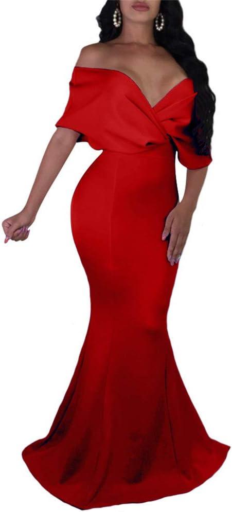 GOBLES Women Sexy V Neck Off The Shoulder Evening Gown Fishtail Maxi Dress (Large, Red)