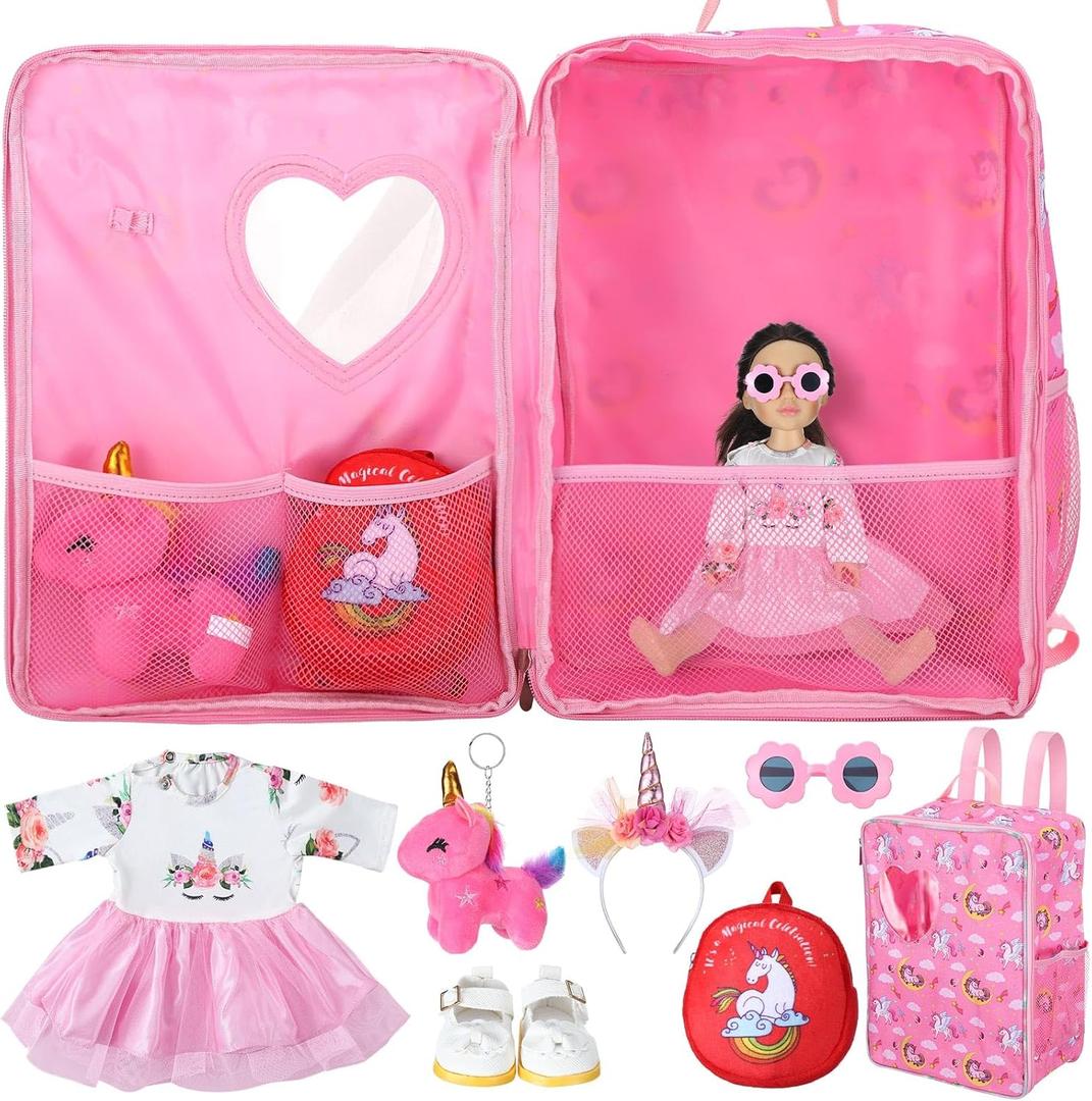 Wettarn 18 Inch Doll Carrier Set with Clothes and Accessories Including Doll Travel Bag, Dress, Shoes, Sunglasses, Backpack and Unicorn for Unicorn Birthday Gift (Cute,Red) (As Pictures Show)
