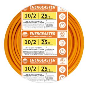 Energeaster 10/2 NM-B Wire,with Ground Indoor Electrical Copper Wire10 Gauge Wire 2 Conductor Non-Metallic Sheathed Copper Cable(25FT Orange)