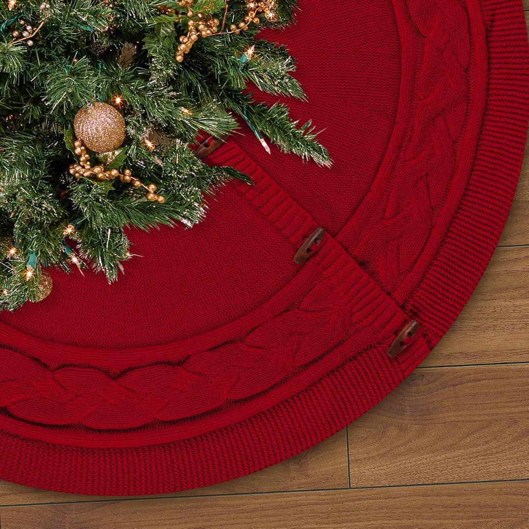 Christmas Tree Skirt, 36 Inch Rustic Holiday Decorations with Cable Knit Pattern, Thick Knitted Christmas Skirt for Farmhouse Holiday Decor, Red