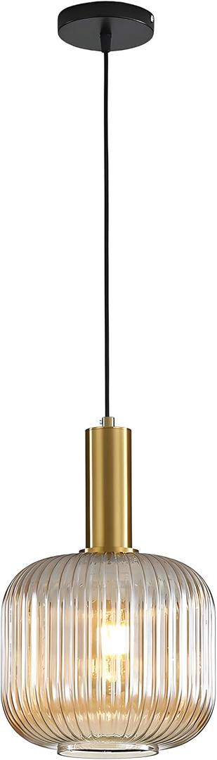 Modern Pendant Light Fixtures for Kitchen Island, Farmhouse Striped Glass Pendant Lighting with Gold Socket, Stylish Ceiling Light for Dining Room and Living Room (7.87'', Amber)