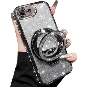 Changjia Glitter Kickstand Case for iPhone 17e/iPhone 16e,Cute Bling Sparkly Diamond Rhinestones with Camera Protector Liquid Flowing Ring Stand Soft TPU Women Girls Case for iPhone 17e/16e 6.1",Black