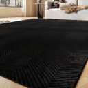 Area Rug for Living Room - 5x7 Soft Faux Rabbit Fur Modern Geometric Wave Carpet for Bedroom, Black