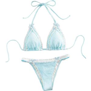 Milumia Women's Lace Trim Bow Tie Bikini Set Triangle Halter Swimsuit (L)