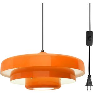 Orange Plug in Pendant Light with Switch, 17.7" Large Mid Century Modern Hanging Ceiling Light Fixture, No Hardwiring Plug Swag Lamp for Kitchen Island Dining Room Bedroom