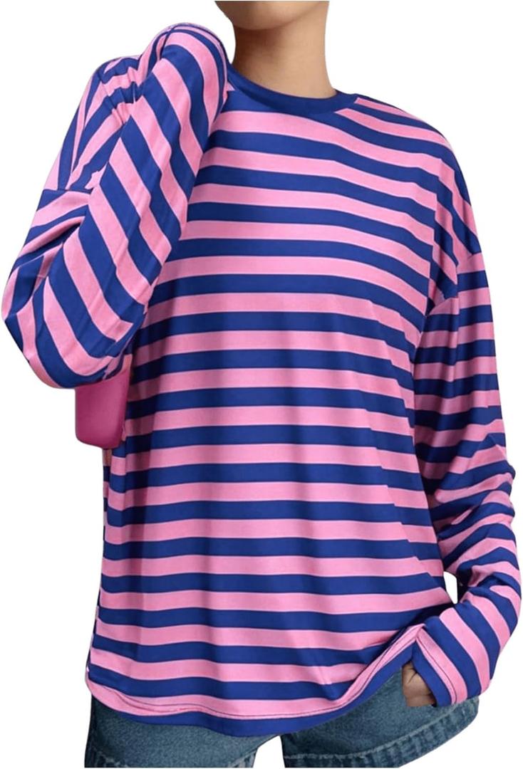 Verdusa Women's Color Block Striped Long Sleeve Loose Tee Shirts Round Neck Pullover Tops Pink Medium