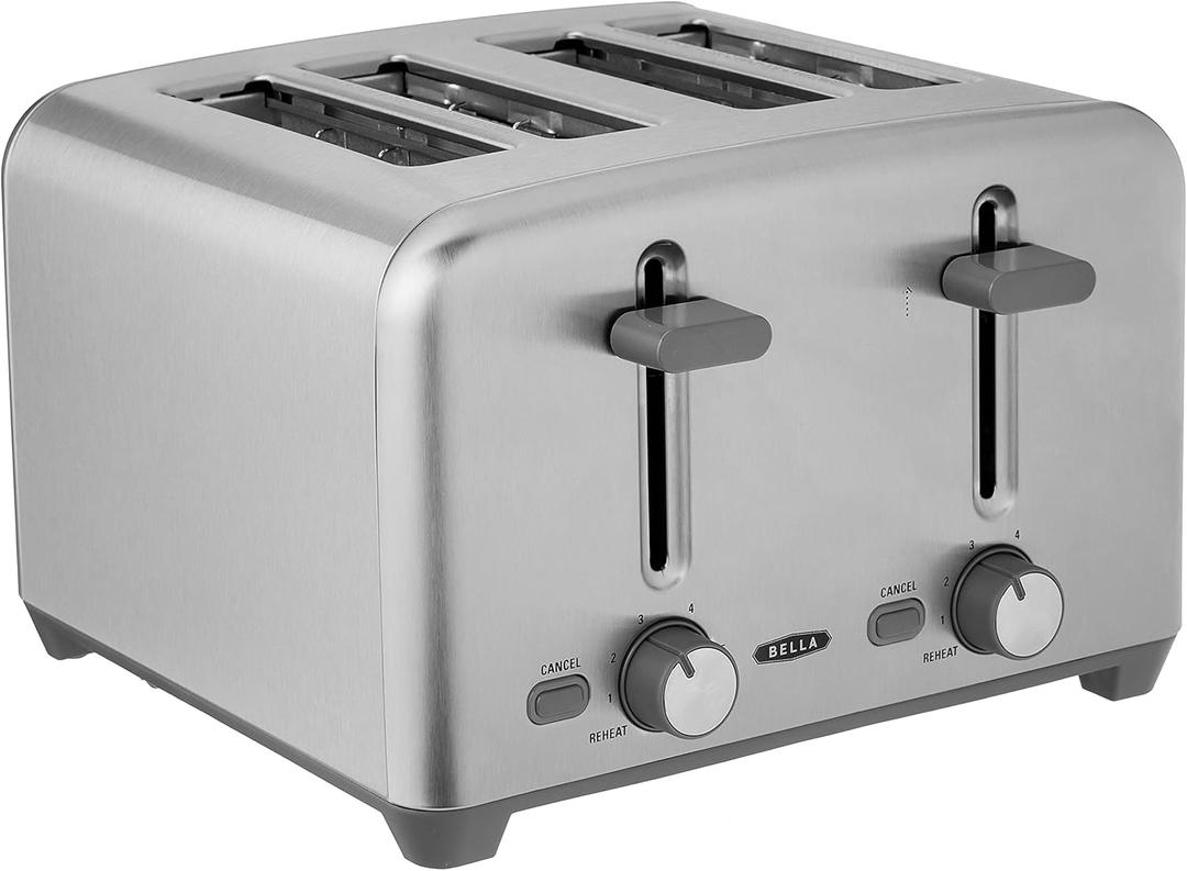 bella 4 Slice Toaster with Auto Shut Off, Extra Wide Slots and Removable Drop-Down Crumb Tray with Cancel and Reheat Function, For Texas Toast, Large Bread & Bagel, Stainless Steel