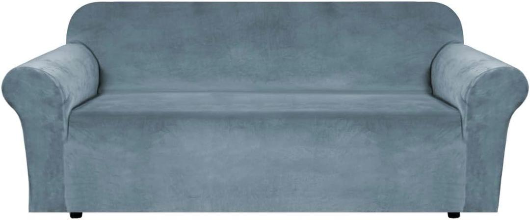 H.VERSAILTEX Stretch Velvet Sofa Covers for 3 Cushion Couch Covers Sofa Slipcovers Furniture Protector Soft with Non Slip Elastic Bottom, Crafted from Comfy Rich Velour (Sofa 72'-90', Stone Blue)