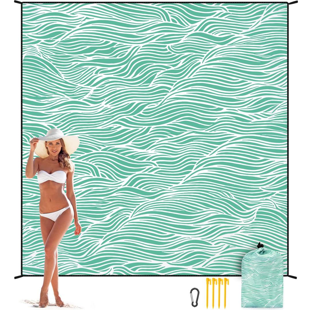 WIWIGO Beach Blanket Sandproof Extra Large Beach Mat Adults Waterproof Quick Drying Sand Free Mat Made by Premium Polyester with 4 Stakes & 4 Corner Pockets for Outdoor Travel Camping Hiking
