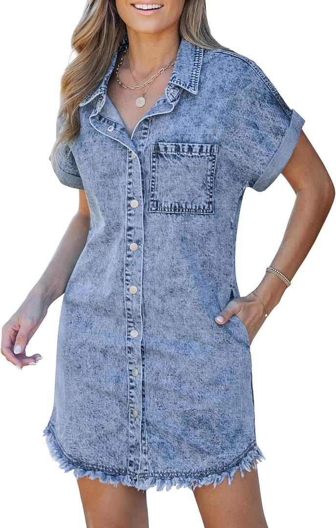 Luvamia Denim Mini Dress Womens Summer Dresses 2025 Jean Fall Casual Dresses Western Wear for Women Light Blue Dress for Women Dress with Pockets for Women, Lakeside Blue, Size Small Size 