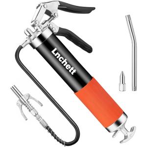 Grease Gun with Quick Release Coupler, 9000 PSI Professional Heavy Duty 14 oz Pistol Grip Grease Gun with 18 Inch Spring Flex Hose, 1 Extension Rigid Pipe and1 Sharp Nozzle Included