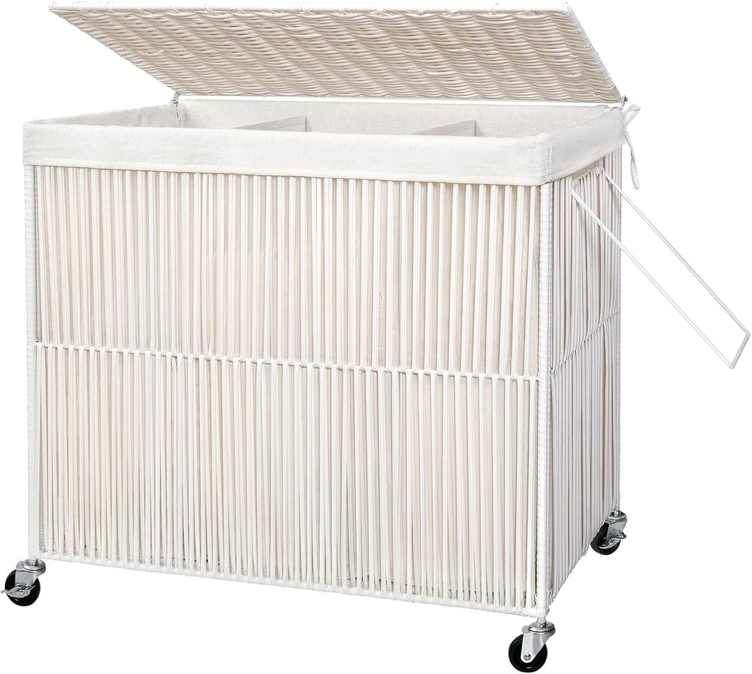 WOWLIVE Laundry Hamper with Wheels, 160L Handwoven Rolling Laundry Basket 3 Section with Lid, Clothes Hamper with 3 Removable Liner Bags, Large Laundry Sorter Laundry Room Organization, Creamy White (150L(28.4 x 13 x 26.4 Inches))