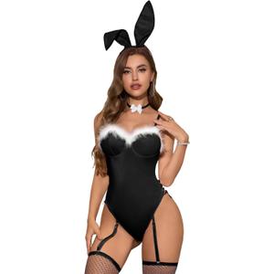 Neohouny Bunny Costume for Women Girls Sexy Halloween Costumes Anmie Cosplay Bodysuit Lingerie with Bunny Ears & Bow Tie (Medium, Black)