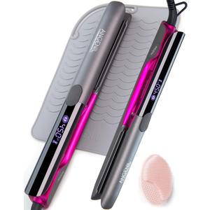 ANGENIL Professional Titanium Flat Iron Hair Straightener and Curler 2 in 1, Dual Voltage Hair Straighteners for Women, 20S Fast Heating Flat Iron 1-inch with Anti-scalding and Anti-Slip Silicone Mat