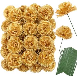 Jdsour 50 Pack Artificial Silk Carnation Picks, Artificial Flowers Carnation Heads with Stems for DIY Flower Wall Wedding Bouquets Centerpieces Arrangements Decorations -Gold