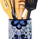 Talavera Utensil Holder - Hand Painted Ceramic Spoon Crock - Colorful Utensil Crock - Large Mexican Spoon Rest 6" H (White & Blue)