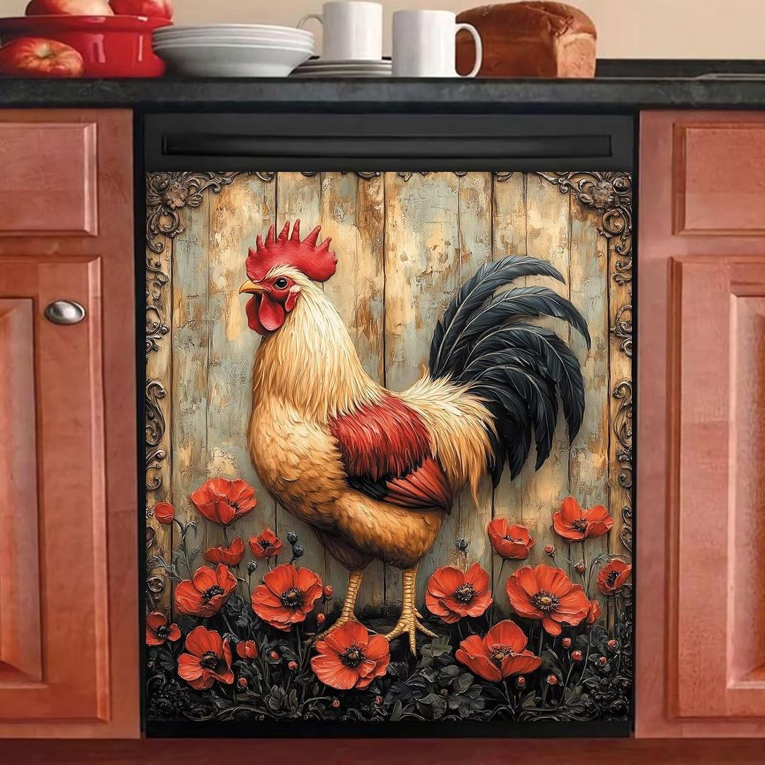 Generic Rustic Farmhouse Rooster Magnetic Dishwasher Cover,Red Poppy Flower Kitchen Decor Dishwasher Magnet Cover,Vintage Chicken Refrigerator Magnets Sticker Home Appliance Panel Decals,23Wx26H