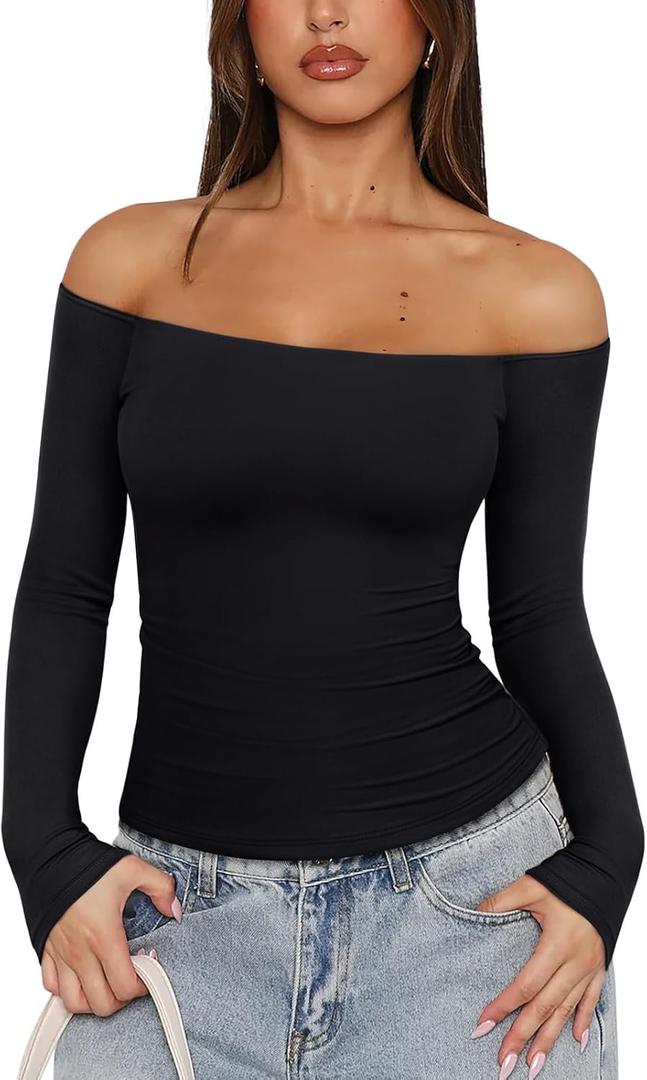 REORIA Womens Long Sleeve Off The Shoulder Tops Going Out Cute Basic Y2K Fall Fashion 2025 Outfits Clothes (Medium, Black)