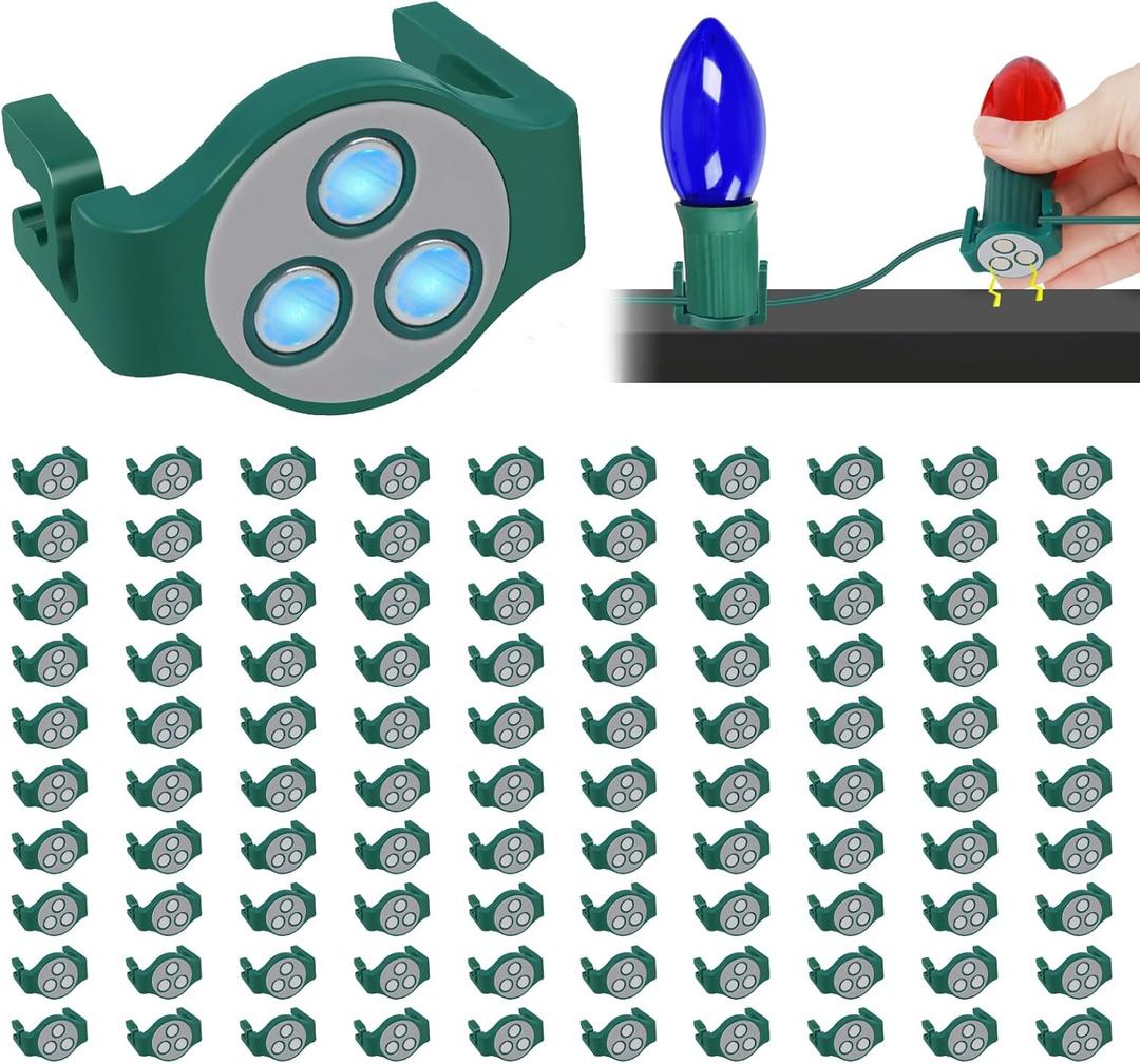 ANGAR 100 Pack Magnetic Christmas Light Clips, Upgraded Anti-Slip Metal Roof Christmas Light Hooks for C9 C7 Sockets, Weather-Resistant String Lighting Clips for Outside Gutters Patio Holiday (Green)