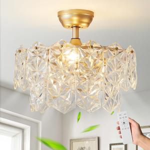 20inch Gold Crystal Fandelier Ceiling Fan with Light, Crystal Caged Fandelier Ceiling Fan with Light and Remote, Caged Mid Century with 6 Speeds for Bedroom, Living Room, Nursery